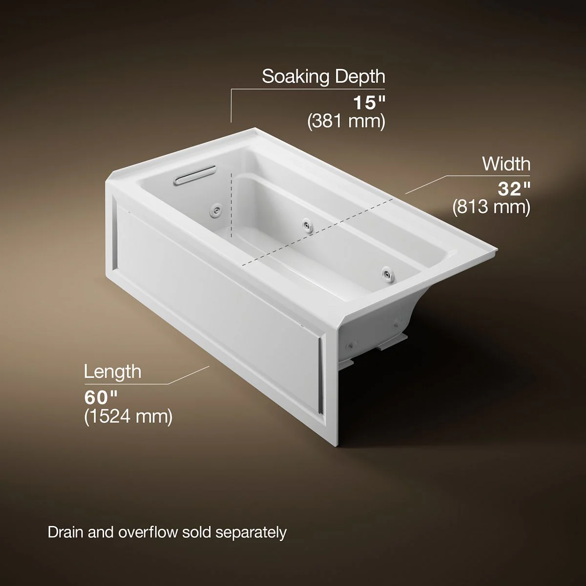 KOHLER K-1122-LA Archer 60" x 32" alcove whirlpool bath, left drain - Image 11