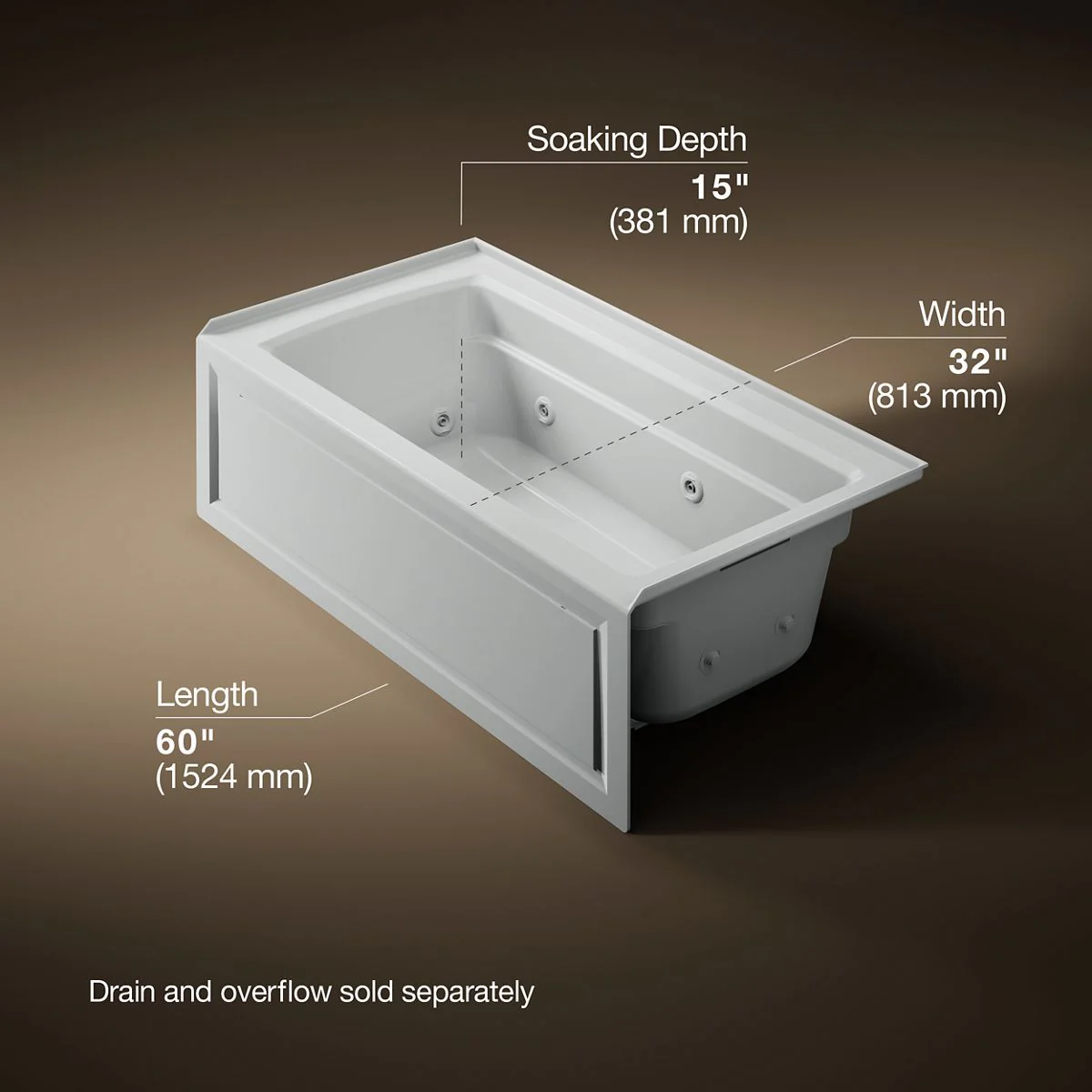 KOHLER K-1122-RA Archer 60" x 32" alcove whirlpool bath right drain - Image 11