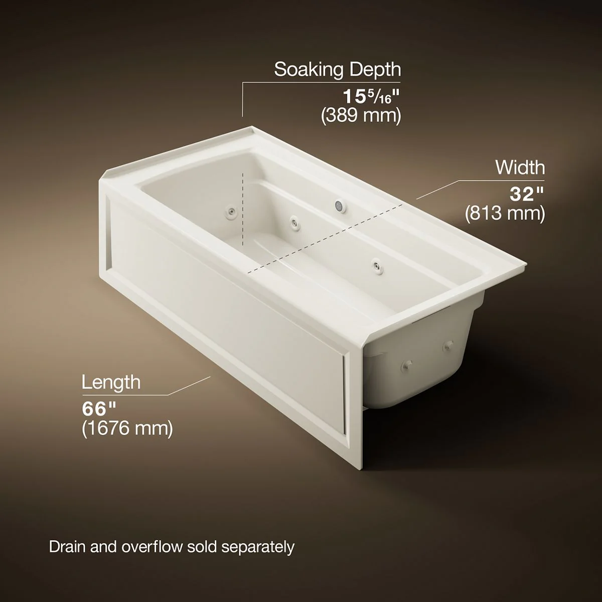 KOHLER K-1949-RAW Archer 66" x 32" alcove whirlpool bath with Bask heated surface, right drain - Image 21