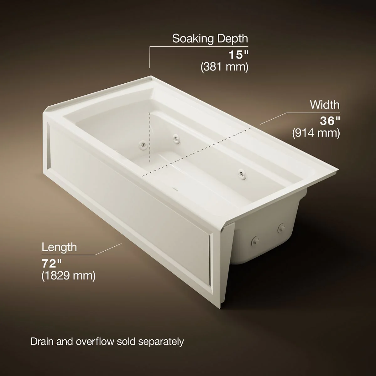 KOHLER K-1124-HR Archer 72" x 36" alcove whirlpool bath, right drain - Image 26