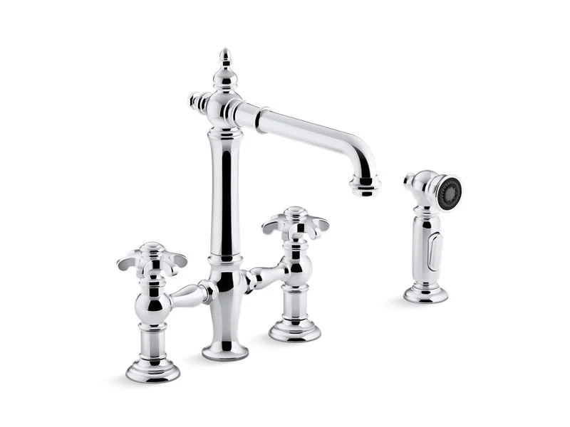 KOHLER K-76519-3M Artifacts deck-mount bridge kitchen sink faucet with prong handles and sidespray - Image 3
