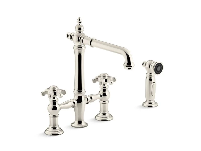 KOHLER K-76519-3M Artifacts deck-mount bridge kitchen sink faucet with prong handles and sidespray - Image 4