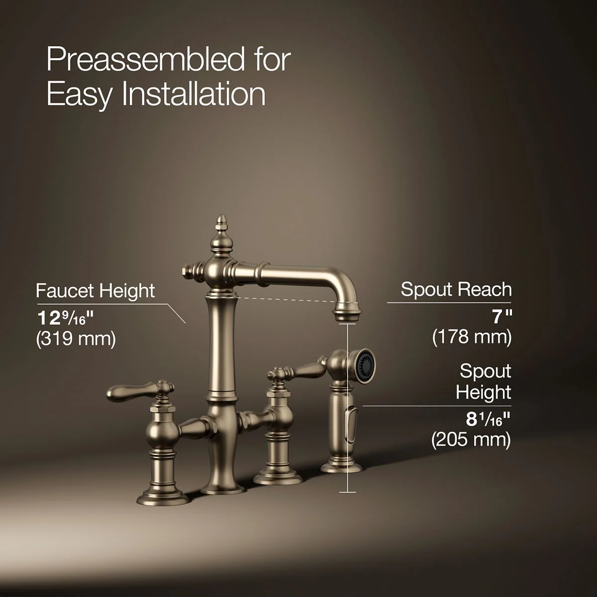 KOHLER K-76520-4 Artifacts Three-hole bridge bar sink faucet with side sprayer - Image 49