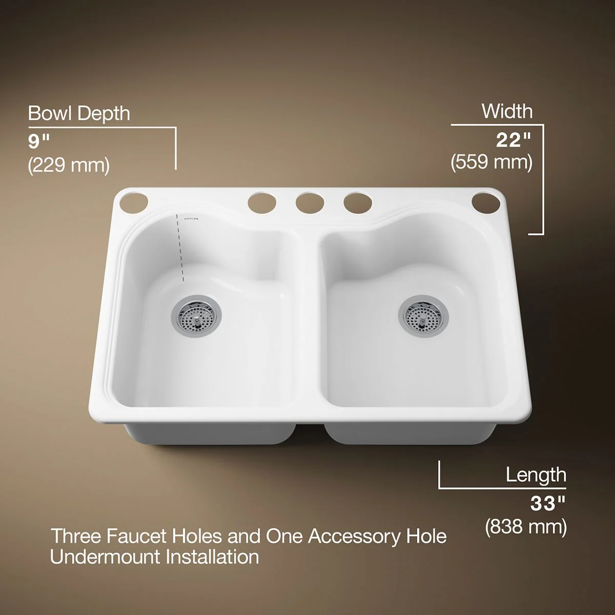 KOHLER K-5818-5U Hartland 33" undermount double-bowl kitchen sink - Image 8