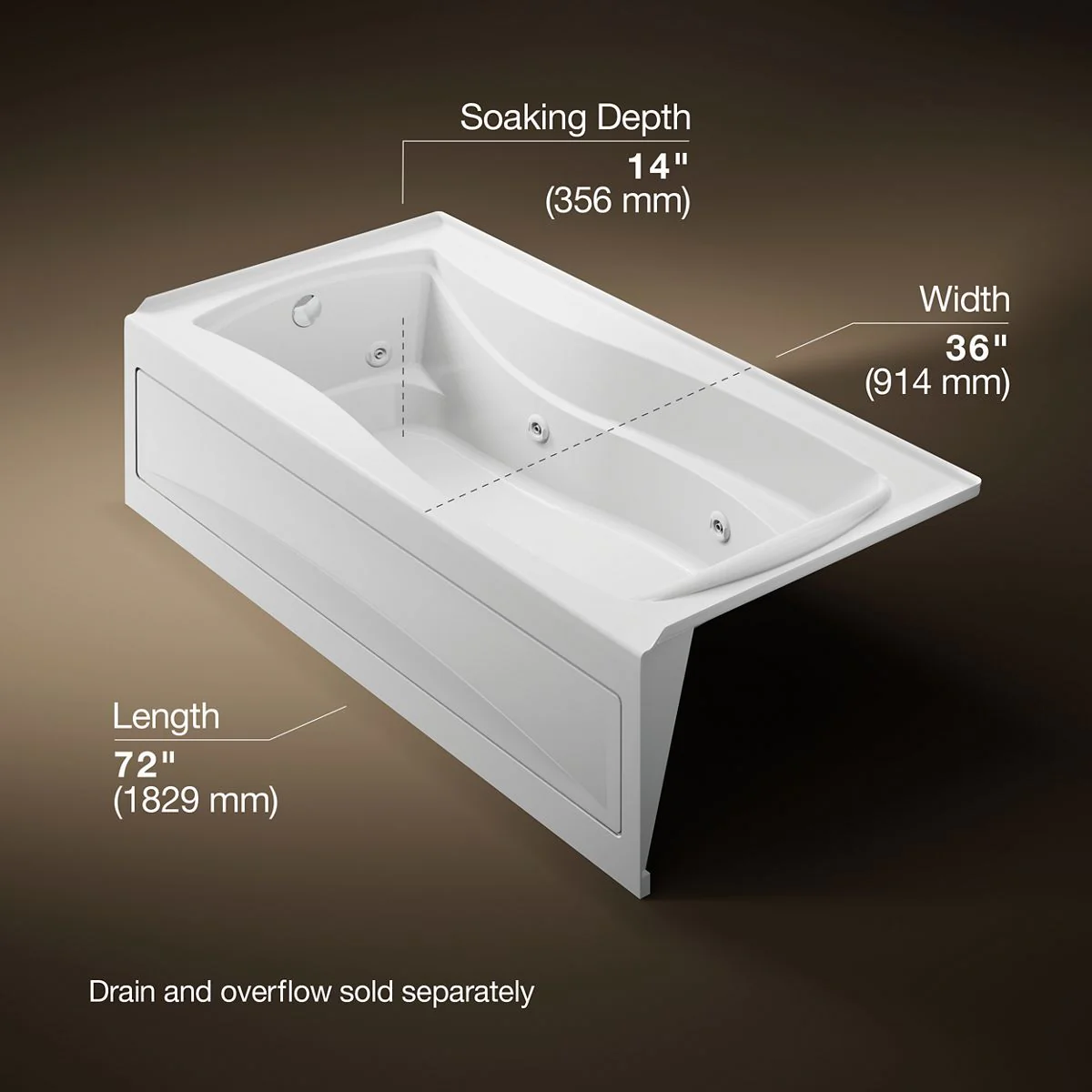 KOHLER K-1257-HL Mariposa 72" x 36" alcove whirlpool bath, left drain - Image 7