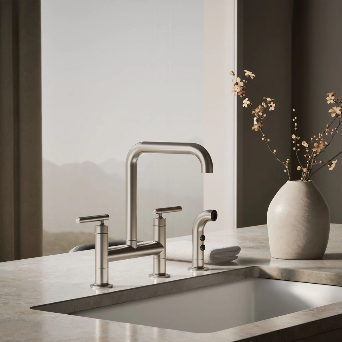 KOHLER K-7548-4 Purist Two-hole bridge kitchen sink faucet with side sprayer - Image 46