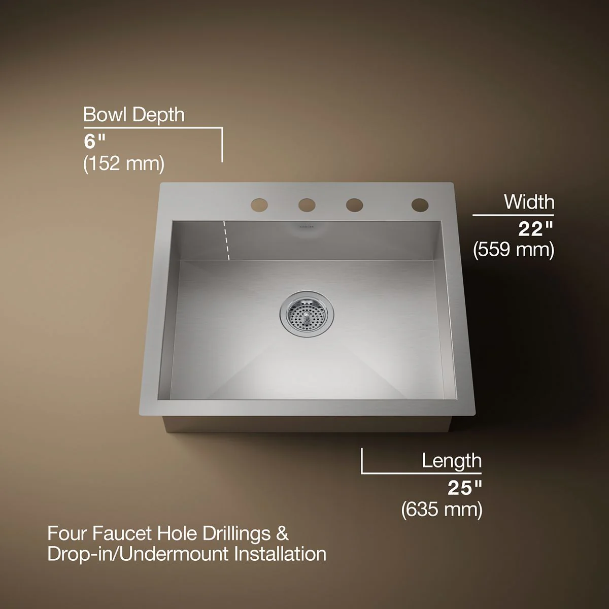 KOHLER K-3894-4 Vault 25" top-/undermount single-bowl kitchen sink - Image 6