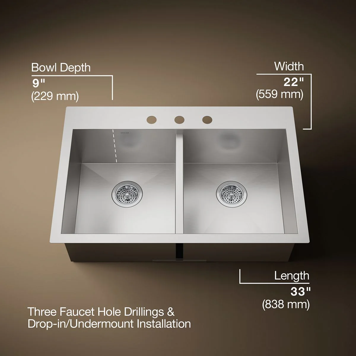 KOHLER K-3820-3 Vault 33" top-/undermount double-bowl kitchen sink - Image 6