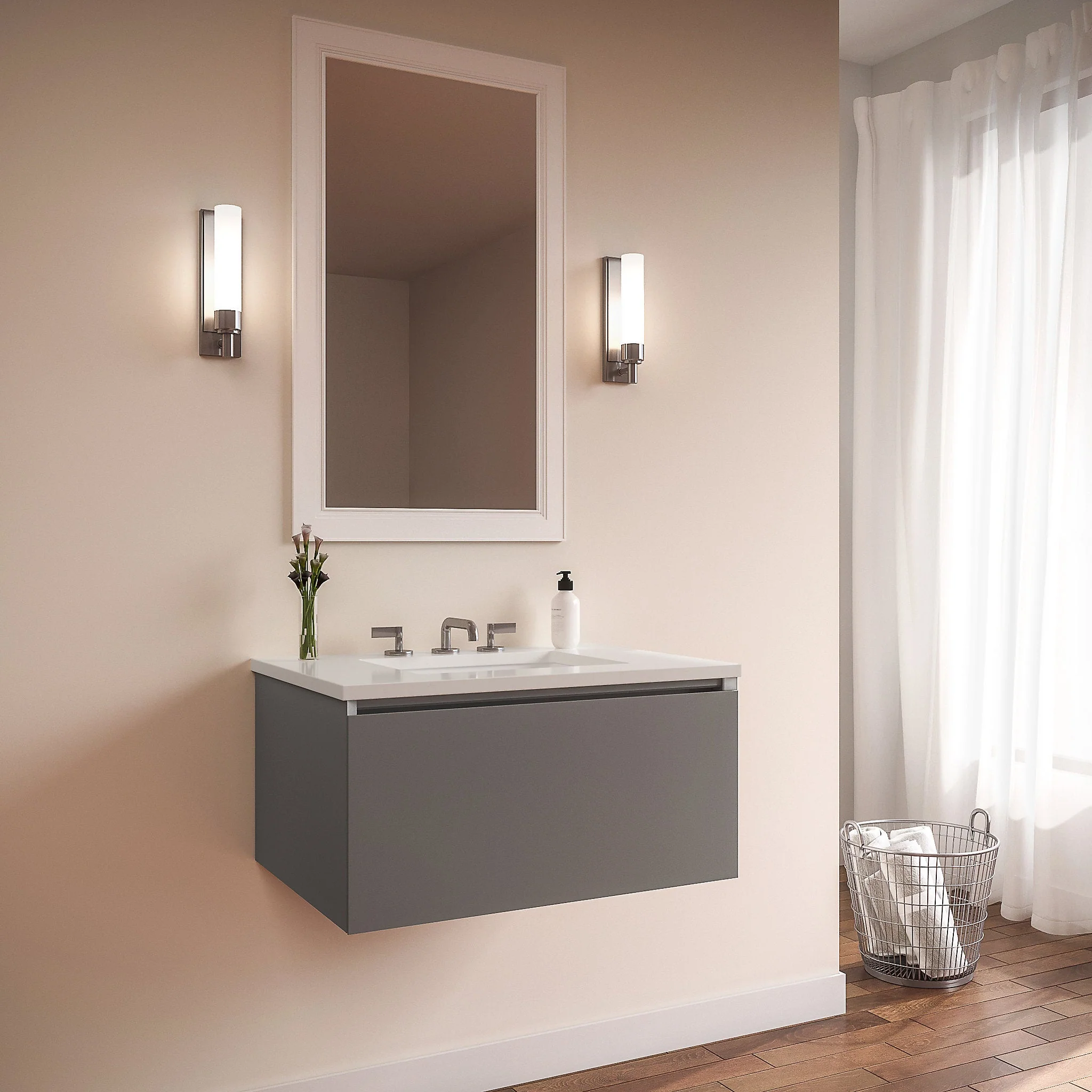 robern 24279200NB00001 Curated Cartesian Vanity, 24" x 15" x 21", Single Drawer, Matte Gray Glass, Plumbing Drawer, Engineered Stone 25" Vanity Top, Quartz White (Silestone White Storm)