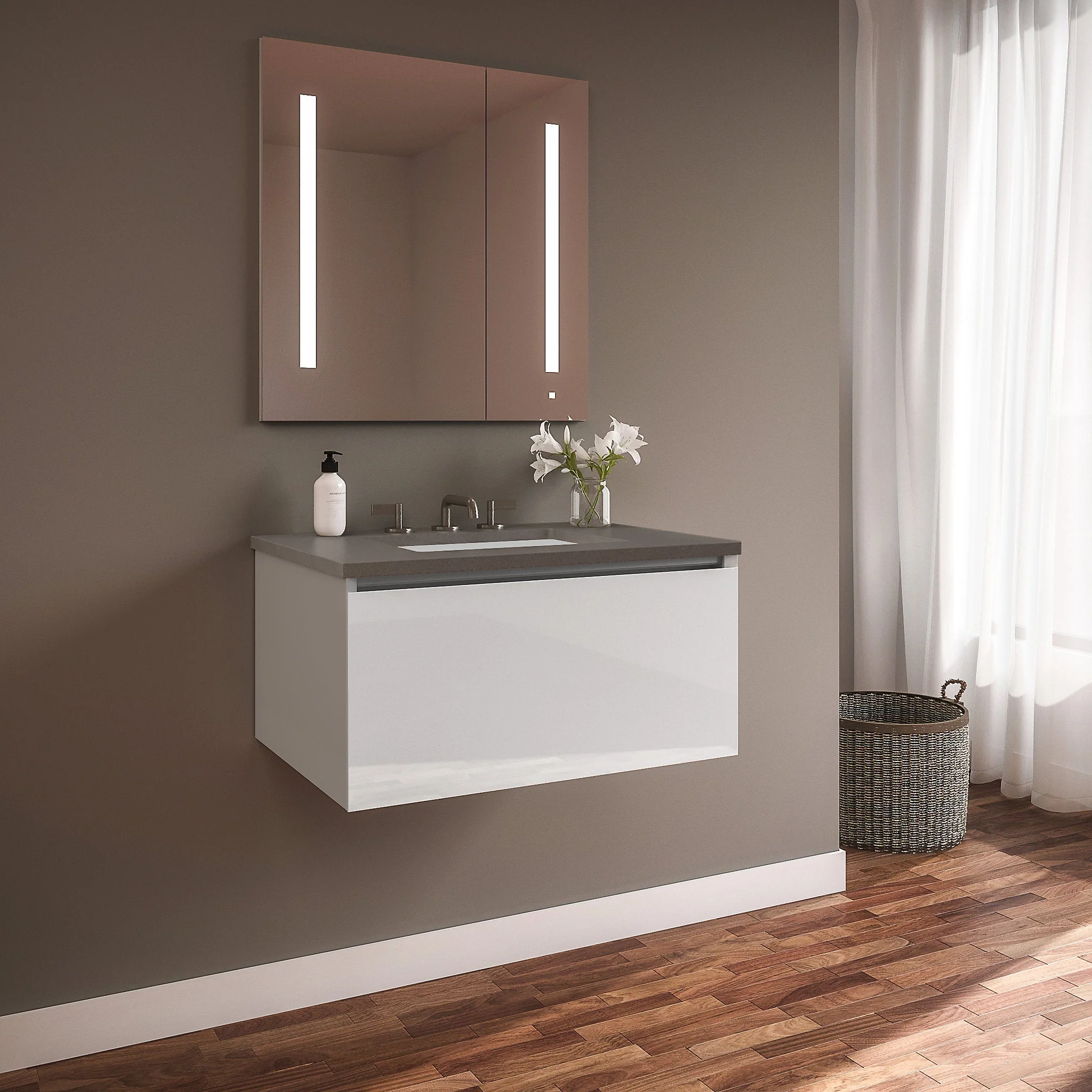 robern 30219100NB00001 Curated Cartesian Vanity, 30" x 15" x 21", Single Drawer, White Glass, Plumbing Drawer, Engineered Stone 31" Vanity Top, Stone Gray (Silestone Expo Grey)