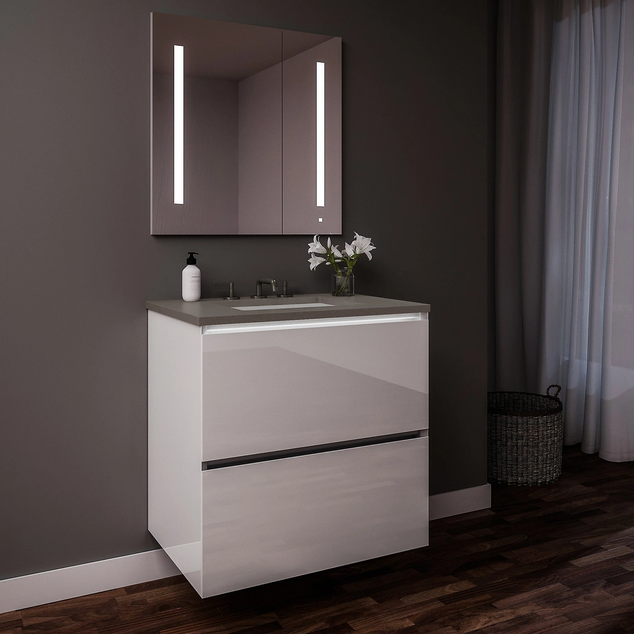 robern 30219100TB00002 Curated Cartesian Vanity, 30" x 15" x 21", Two Drawer, White Glass, Plumbing Drawer, Full Drawer, Night Light, Engineered Stone 31" Vanity Top, Stone Gray (Silestone Expo Grey)