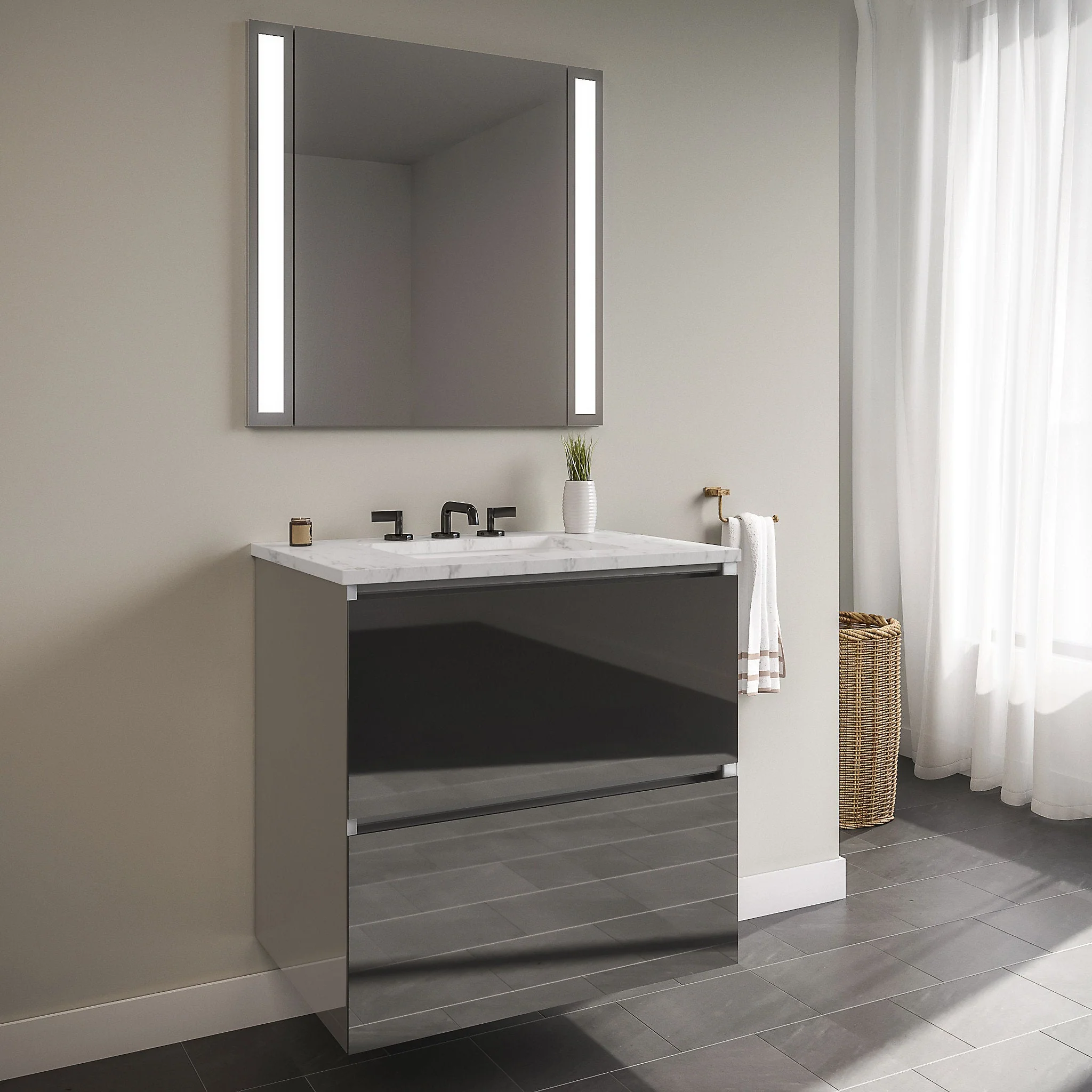 robern 36119400NB00002 Curated Cartesian Vanity, 36" x 15" x 21", Two Drawer, Tinted Gray Mirror Glass, Plumbing Drawer, Full Drawer, Engineered Stone 37" Vanity Top, Silestone Lyra