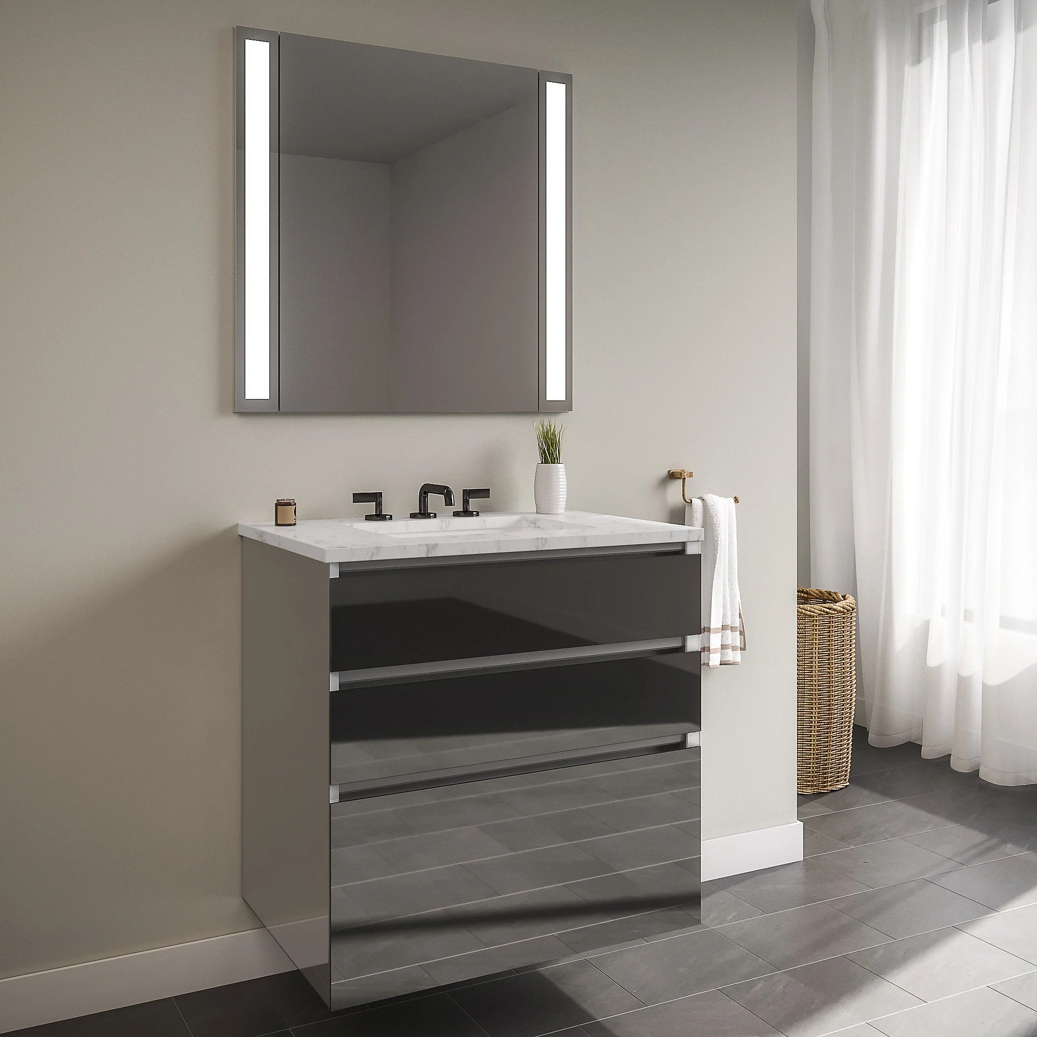 robern 36119400NB00003 Curated Cartesian Vanity, 36" x 7-1/2" x 21", 24" x 15" x 21", Three Drawer, Tinted Gray Mirror Glass, Tip Out Drawer, Plumbing Drawer, Full Drawer, Engineered Stone 37" Vanity Top, Silestone Lyra
