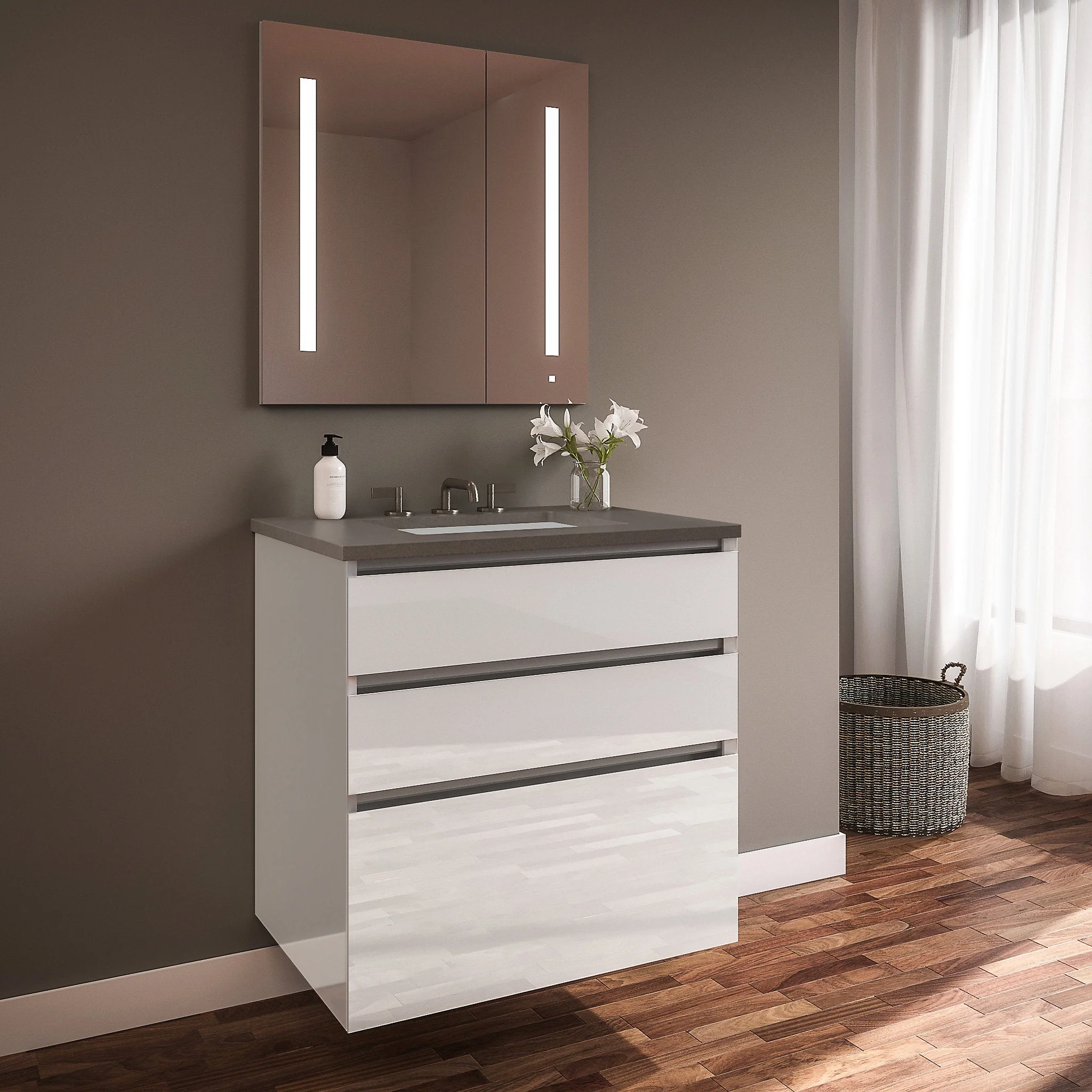 robern 36219100NB00003 Curated Cartesian Vanity, 36" x 7-1/2" x 21", 24" x 15" x 21", Three Drawer, White Glass, Tip Out Drawer, Plumbing Drawer, Full Drawer, Engineered Stone 37" Vanity Top, Stone Gray (Silestone Expo Grey)