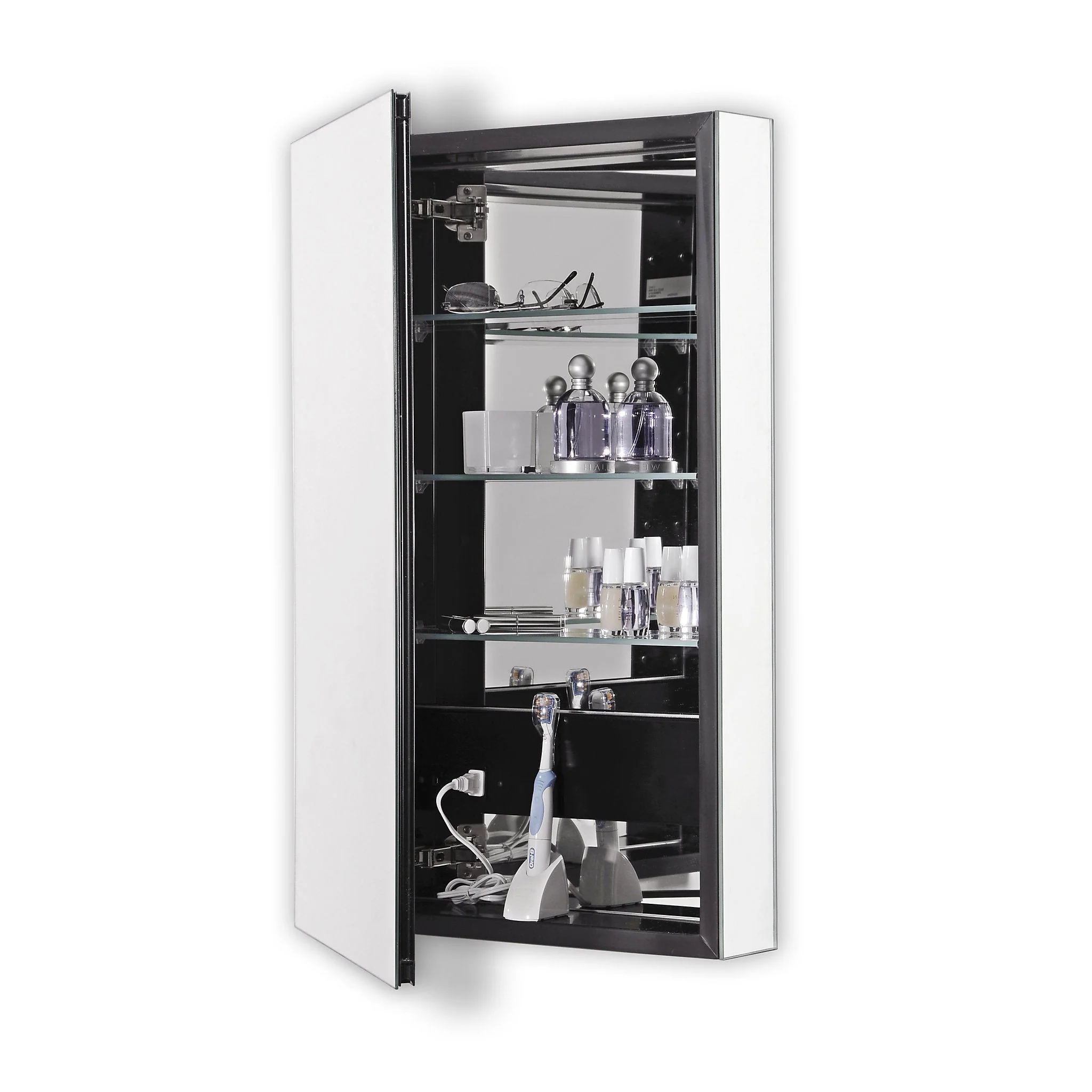 robern PLM1630BBLE PL Series Cabinet, 15-1/4" x 30" x 4", Flat Top, Bevel Edge, Left Hinge, Black Interior, Electric